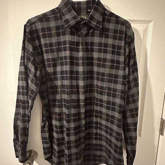 Orvis Gray with Blue Plaid Casual Button Down Flannel Shirt - Large - Picture 1 of 4